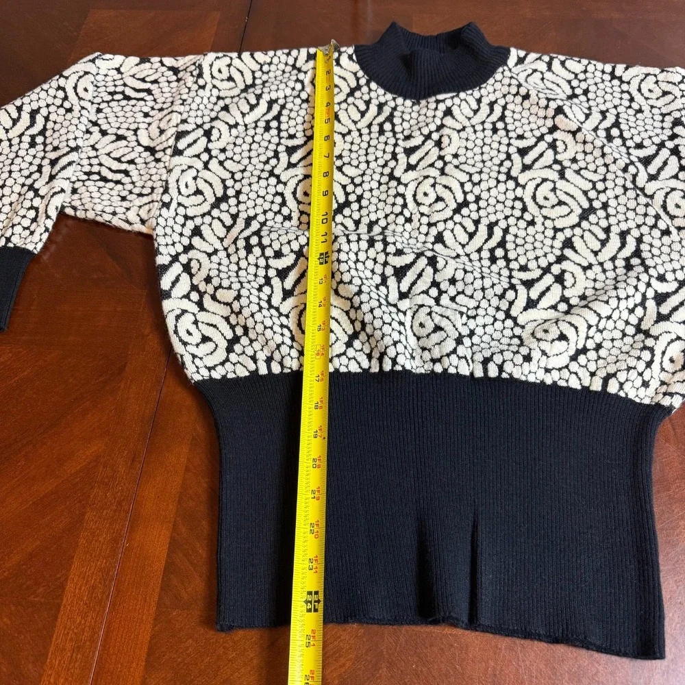 Vintage 80s Ossi Wool‎ Blend Sweater M Abstract Knit Mock Neck Black White read